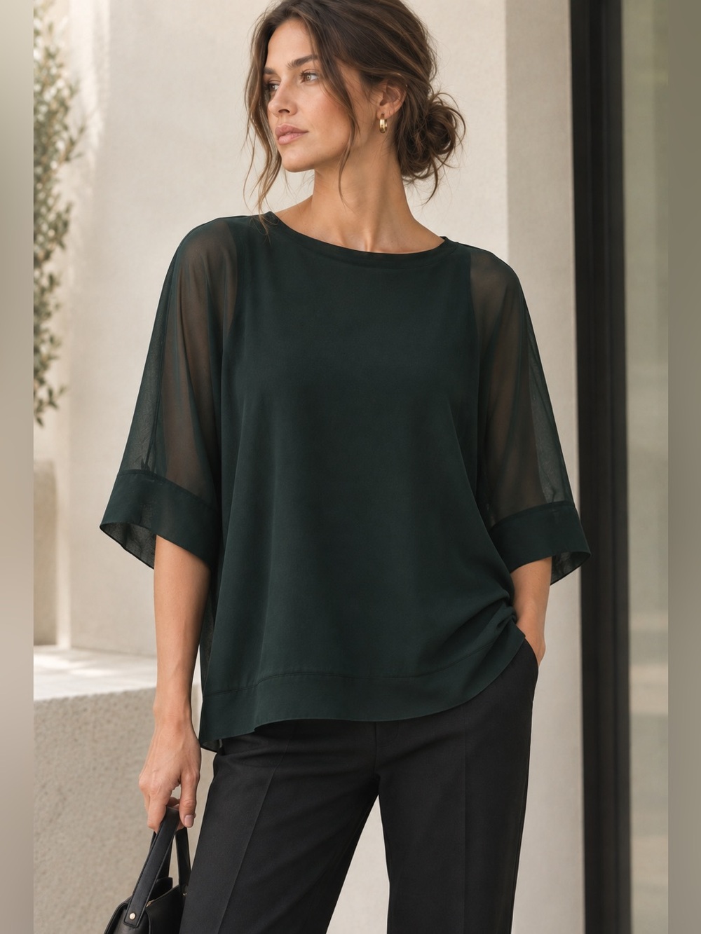 Zara Deep Green Sheer Double Layer Top Blouse M